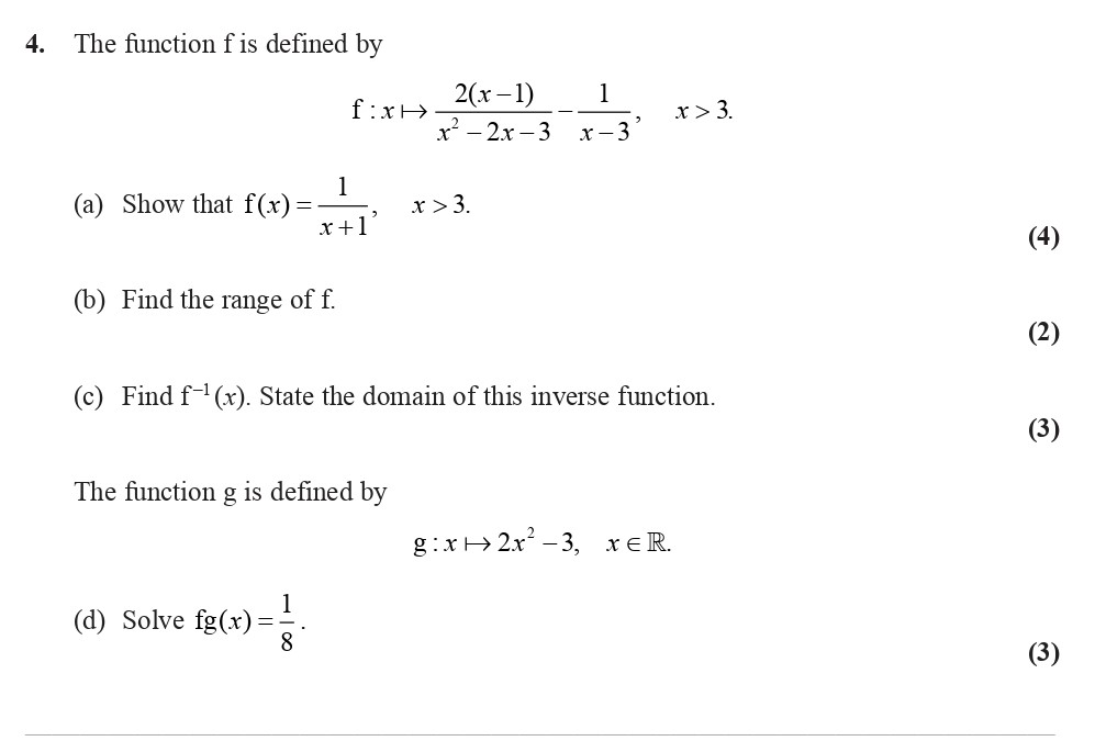 The-function-f-is-defined-by--$$f-:-x-\mapsto-\frac{2(x-1)}{x^2---2x---3}-+-\frac{1}{x-3},-\quad-x->-3.$$----(a)-Show-that-$f(x)-=-\frac{1}{x+1},-\quad-x->-3$-Edexcel-A-Level Maths Pure-Question 4-2008-Paper 5.png